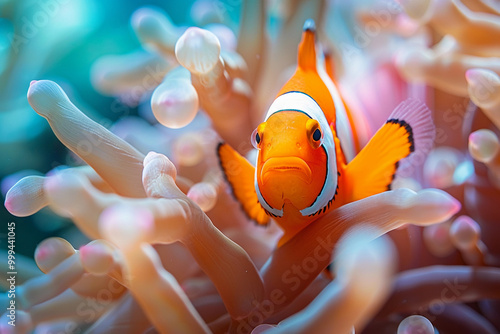 A fantastically beautiful bright clownfish swims in sea among the corals