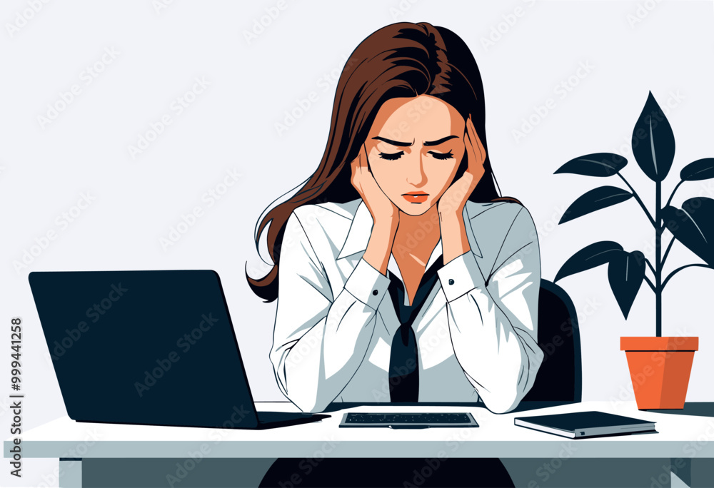 Frustrated woman holding head while working on a computer Frustrated woman holding head while working on a computer