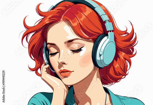 Red Haired Woman Enjoying Music with Headphones