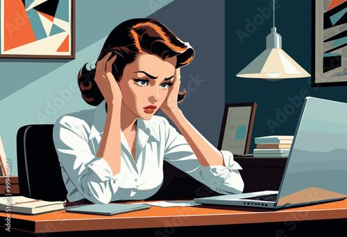 Frustrated woman holding head while working on a computer