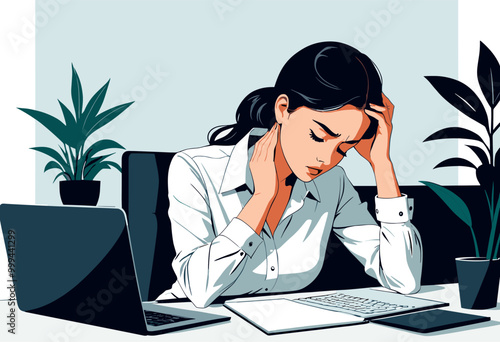 Frustrated woman holding head while working on a computer