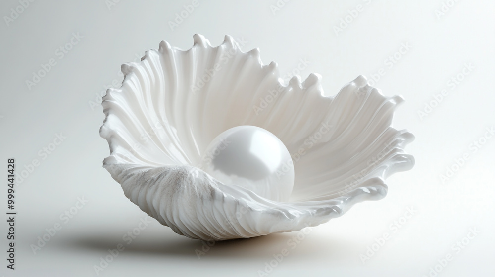 Elegant white shell bowl with a smooth, round pearl resting inside, showcasing fine craftsmanship Elegant white shell bowl with a smooth, round pearl resting inside, showcasing fine craftsmanship