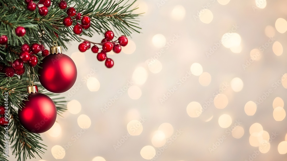 a festive holiday scene. On the left side, there are green pine branches adorned with red Christmas ornaments and clusters of red berries. The background is a soft, out-of-focus display of warm a festive holiday scene. On the left side, there are green pine branches adorned with red Christmas ornaments and clusters of red berries. The background is a soft, out-of-focus display of warm