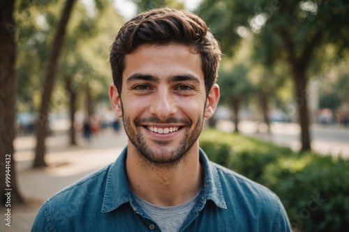 Close portrait of a smiling young Israeli man looking at the camera, Israeli outdoors blurred background