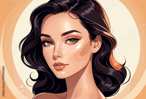 Beautiful Woman with Wavy Hair and Elegant Makeup