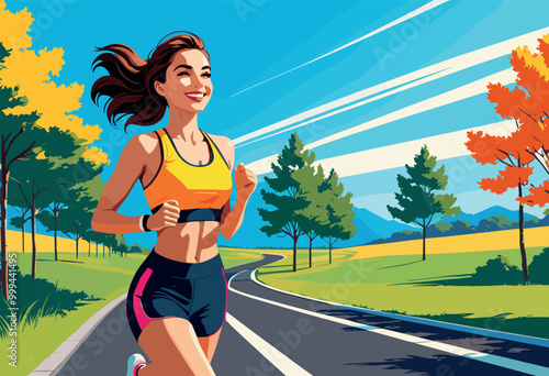 Smiling Woman Jogging Outdoors on a Sunny Day