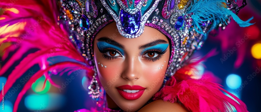 Vibrant Carnival Makeup with Feather Headpiece Vibrant Carnival Makeup with Feather Headpiece