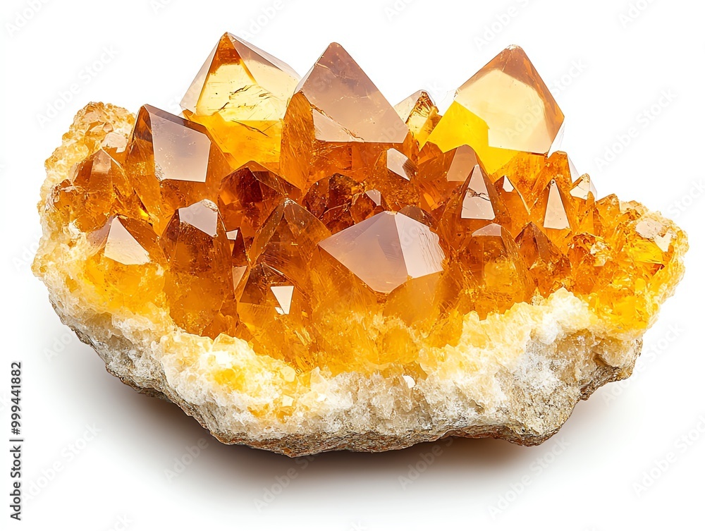 A close-up view of a large, bright, yellow, citrine crystal cluster, with many sharp points, on a white background. A close-up view of a large, bright, yellow, citrine crystal cluster, with many sharp points, on a white background.