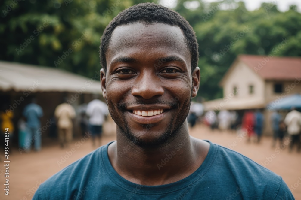 Close portrait of a smiling young Ivorian man looking at the camera, Ivorian outdoors blurred background Close portrait of a smiling young Ivorian man looking at the camera, Ivorian outdoors blurred background