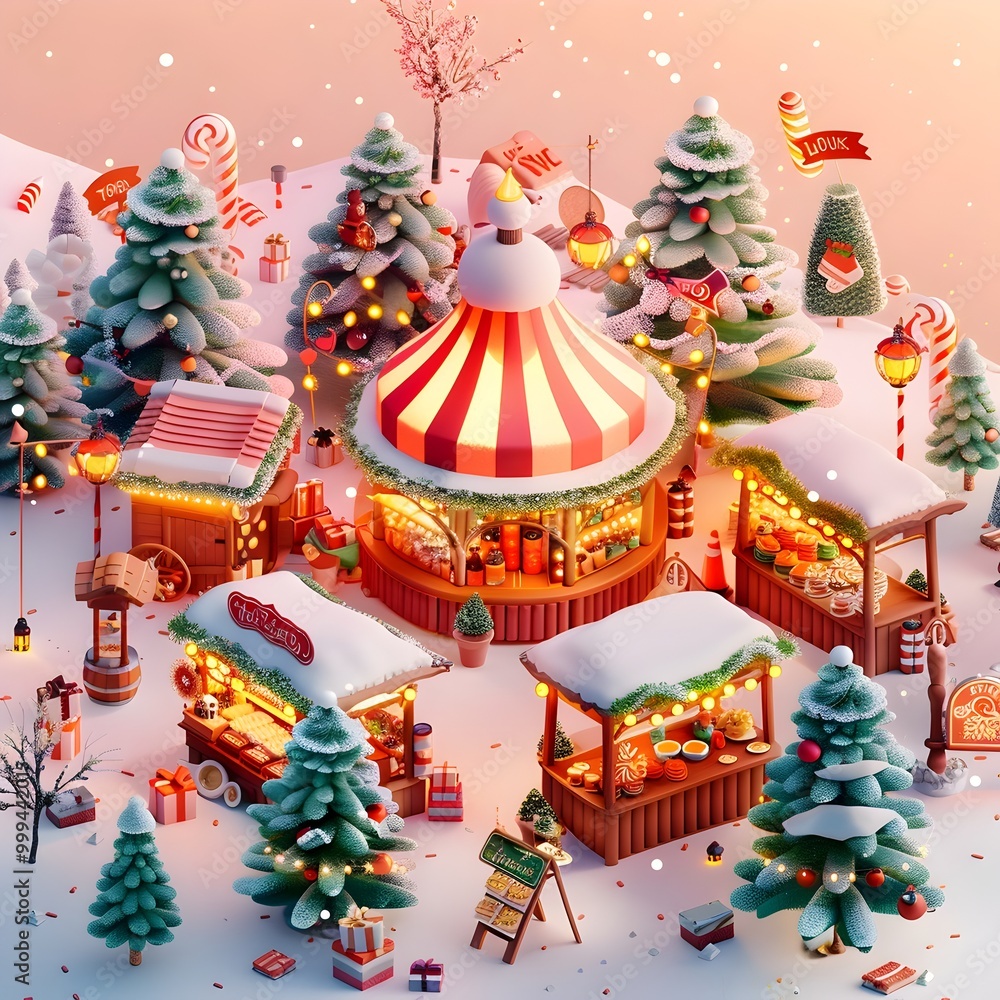 Cute 3D Isometric of a Festive Christmas Market with Holiday and Food Stalls Cute 3D Isometric of a Festive Christmas Market with Holiday and Food Stalls