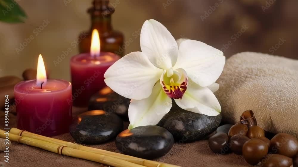 A still image of a spa setting with orchid flower, burning candles, black stones, and bamboo sticks. Relaxing and peaceful image.. AI Generation A still image of a spa setting with orchid flower, burning candles, black stones, and bamboo sticks. Relaxing and peaceful image.. AI Generation