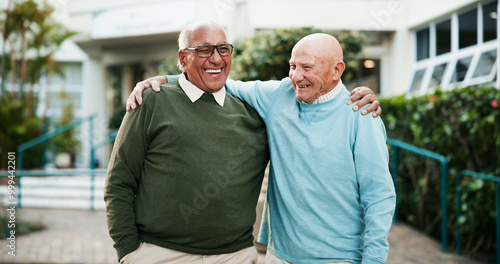 Quadro su tela Outdoor, hug and old men with smile, funny and support with retirement, nature and joyful