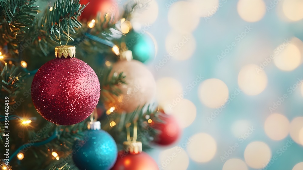a close-up of a decorated Christmas tree. The tree is adorned with shiny baubles in various colors, including red, blue, and gold. The background is softly blurred with warm, glowing lights a close-up of a decorated Christmas tree. The tree is adorned with shiny baubles in various colors, including red, blue, and gold. The background is softly blurred with warm, glowing lights