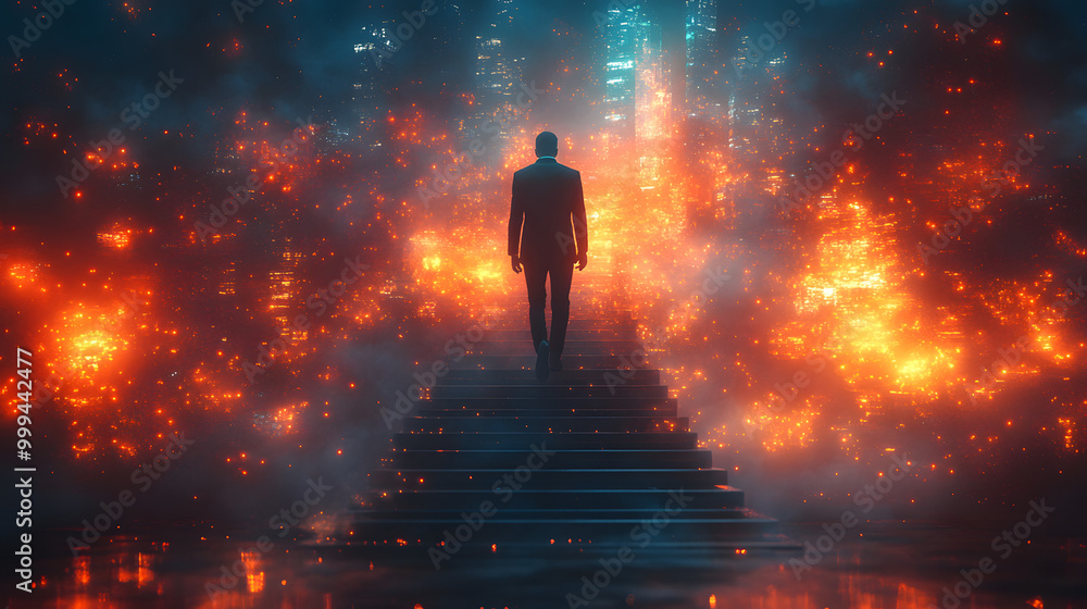 A Businessman Walking Up the Stairs Towards Success, Symbolizing Ambition and Determination, Capturing the Essence of Professional Growth and Achievement, This Inspiring Image Represents the Journey o A Businessman Walking Up the Stairs Towards Success, Symbolizing Ambition and Determination, Capturing the Essence of Professional Growth and Achievement, This Inspiring Image Represents the Journey o