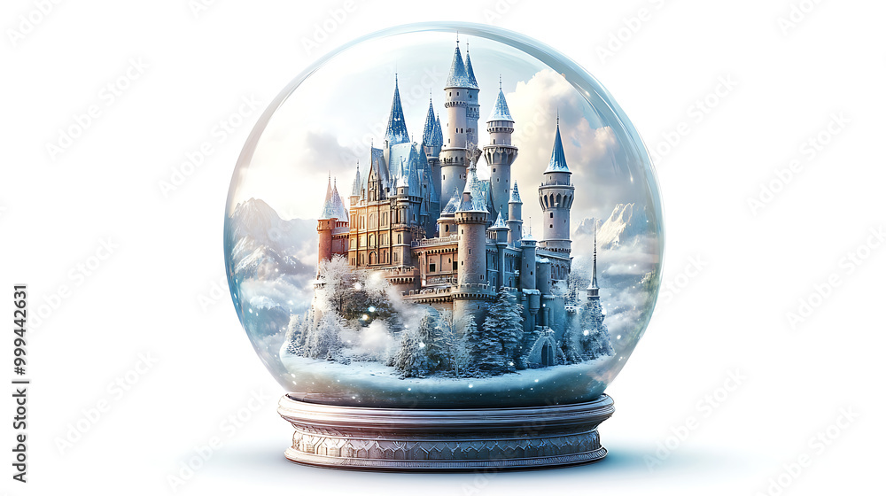 Fototapeta premium Snow globe featuring a castle surrounded by mountains and winter scenery.