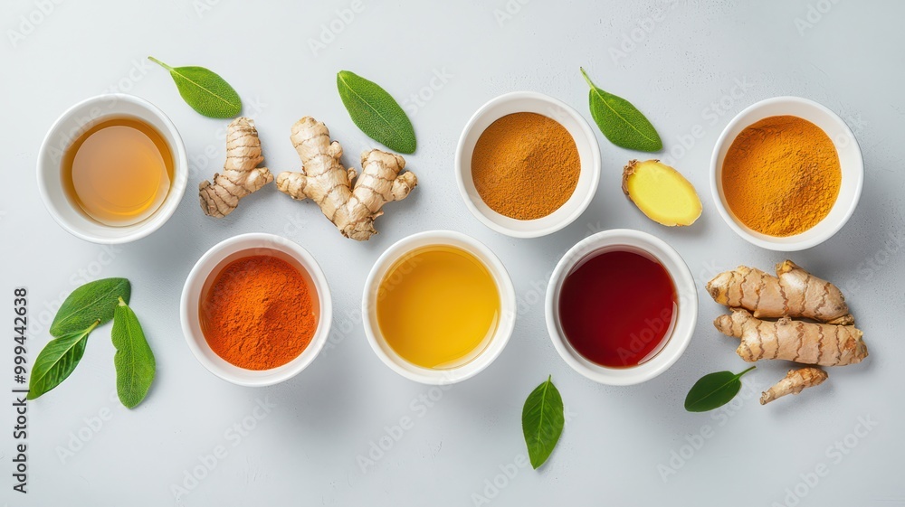 A vibrant arrangement of various spices and oils in bowls, complemented by fresh herbs, highlighting the richness of culinary ingredients. A vibrant arrangement of various spices and oils in bowls, complemented by fresh herbs, highlighting the richness of culinary ingredients.