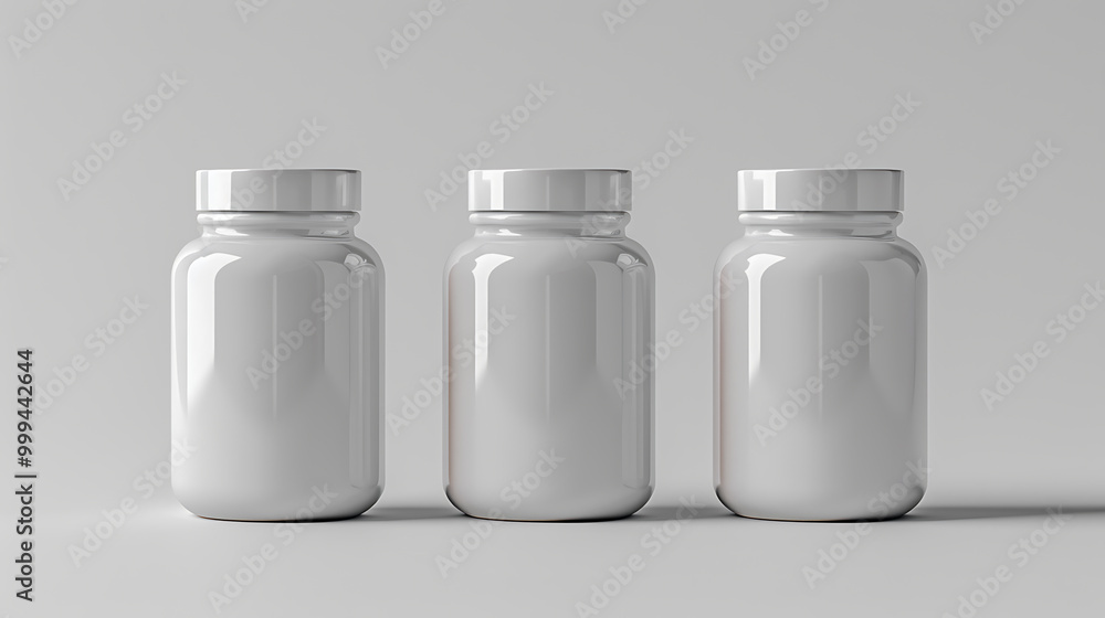 Three white pill bottles with lids on a plain white background. Three white pill bottles with lids on a plain white background.