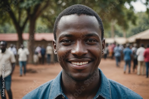 Close portrait of a smiling young Kenyan man looking at the camera, Kenyan outdoors blurred background photo