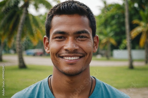 Close portrait of a smiling young Kiribati man looking at the camera, Kiribati outdoors blurred background