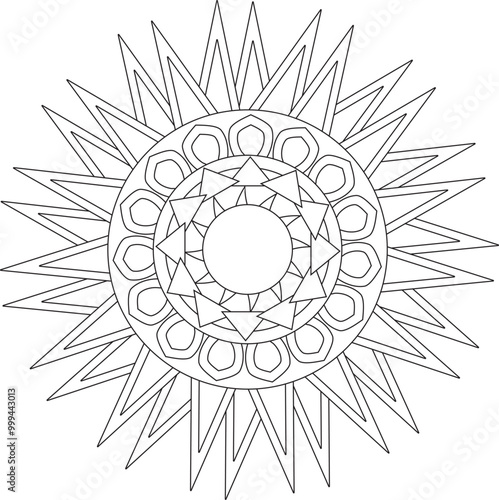 Mandala Hippie Sun Retro Adult Coloring Page Stress Free Relaxing Meditation Line Art	
