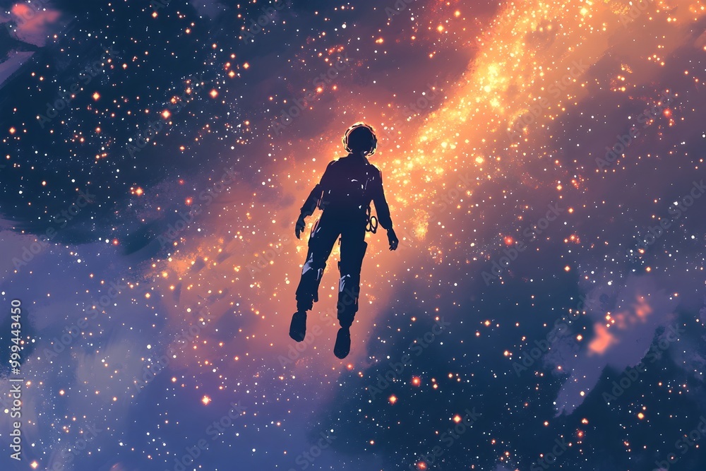 Naklejka premium Solitary Figure Floating Amidst Boundless Cosmic Expanse