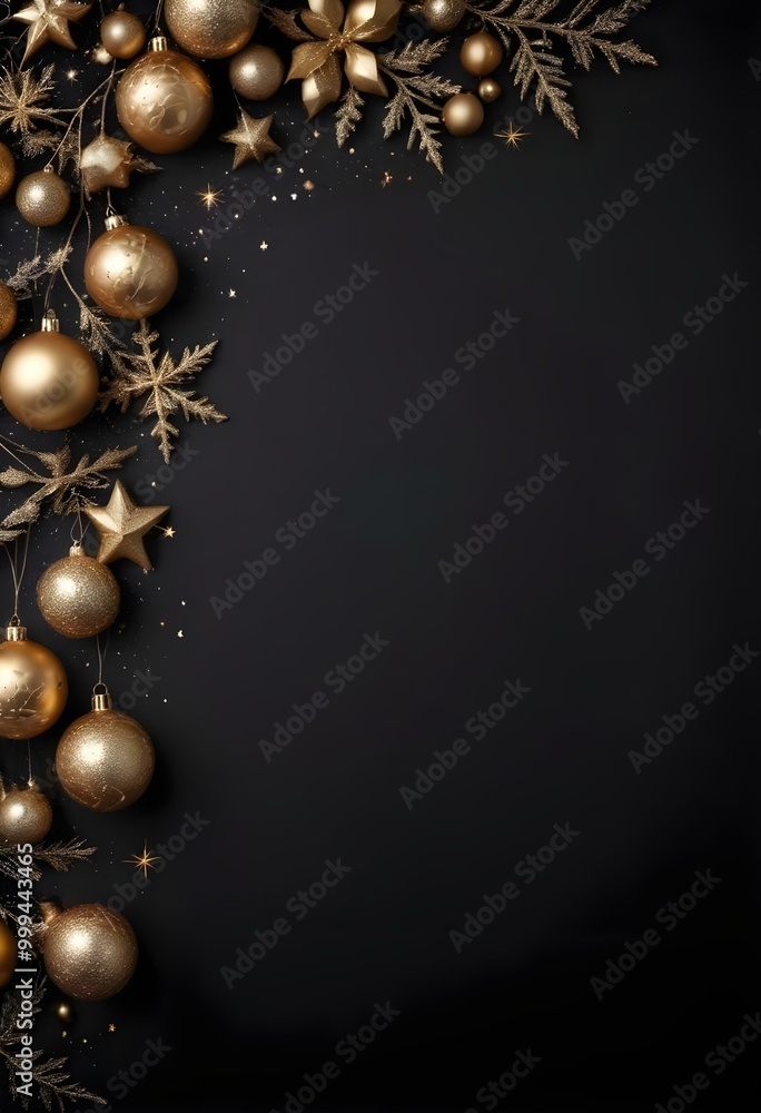Golden Christmas ornaments and glitter on a dark background. Golden Christmas ornaments and glitter on a dark background.