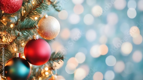 a festive and wintry scene. On the left side, there are branches of holly with green leaves and clusters of bright red berries. The background is a soft, blurred mix of light blue and white