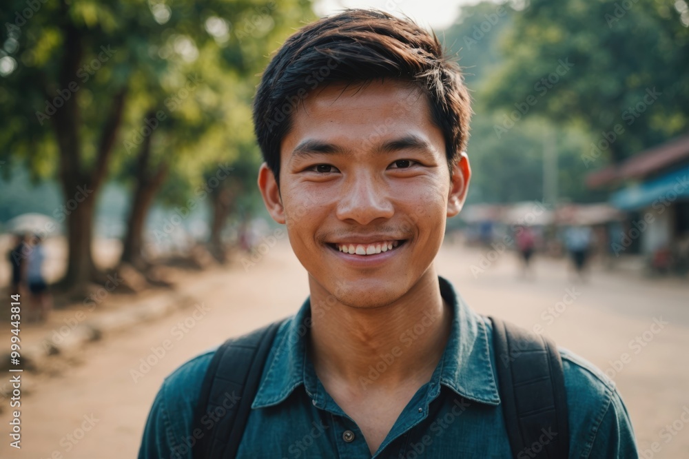 Close portrait of a smiling young Lao man looking at the camera, Lao outdoors blurred background Close portrait of a smiling young Lao man looking at the camera, Lao outdoors blurred background