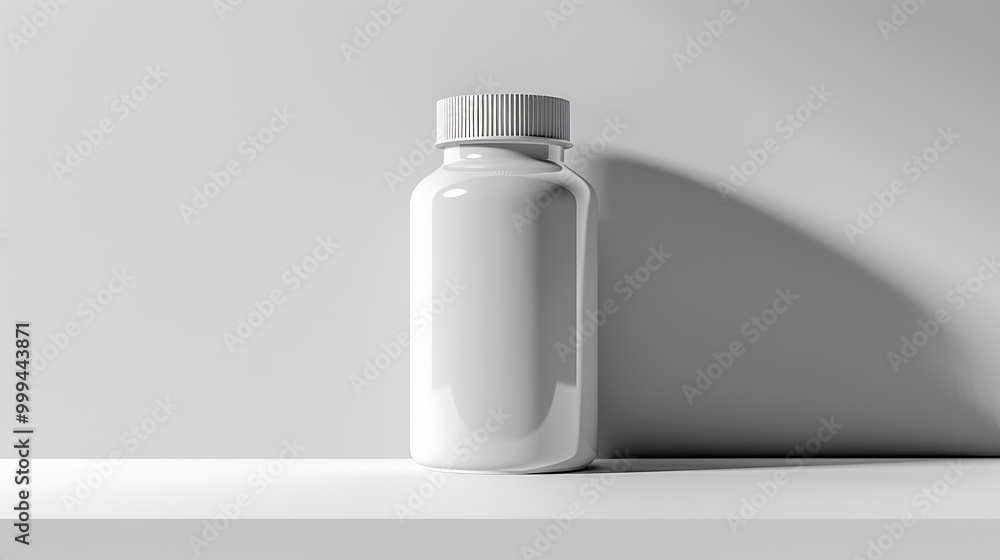 A white pill bottle sits on a white surface against a white background, ready for branding. A white pill bottle sits on a white surface against a white background, ready for branding.