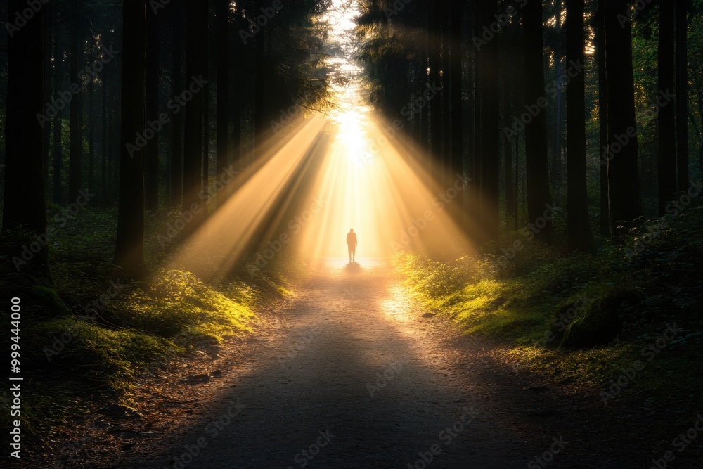Fototapeta premium A serene forest path illuminated by sunlight beams, creating a mystical atmosphere as a figure stands in the distance.