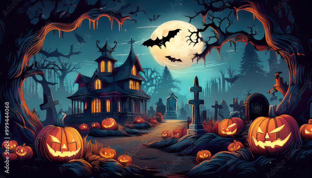 A halloween scene with a spooky house and pumpkins A halloween scene with a spooky house and pumpkins
