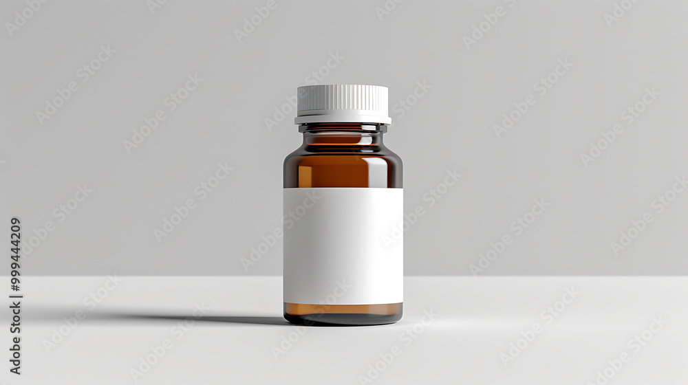 A brown glass bottle with a white label and a white cap sits on a white surface, ready for your product design. A brown glass bottle with a white label and a white cap sits on a white surface, ready for your product design.