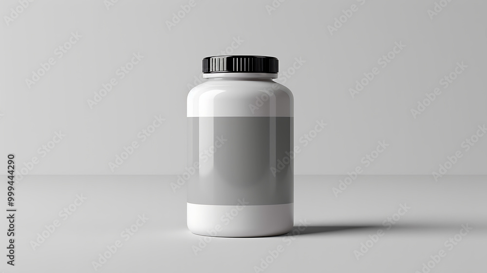 A white plastic bottle with a black lid and a grey label, sitting on a white background. A white plastic bottle with a black lid and a grey label, sitting on a white background.