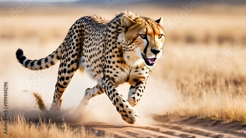 A sleek cheetah sprinting across dry grasslands, showcasing speed and agility in its natural habitat