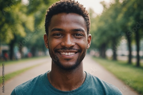 Close portrait of a smiling young Lesothan man looking at the camera, Lesothan outdoors blurred background photo