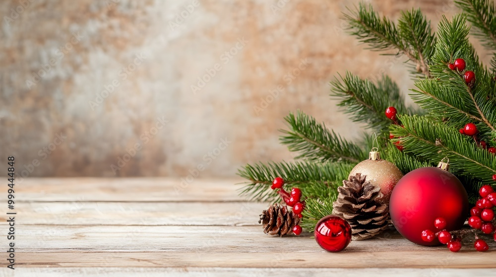 a festive Christmas arrangement on a wooden surface. It includes green pine branches, red berries, a pine cone, and two Christmas ornaments: one red and one gold. a festive Christmas arrangement on a wooden surface. It includes green pine branches, red berries, a pine cone, and two Christmas ornaments: one red and one gold.