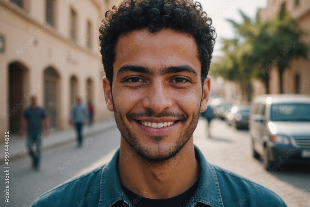 Close portrait of a smiling young Libyan man looking at the camera, Libyan outdoors blurred background Close portrait of a smiling young Libyan man looking at the camera, Libyan outdoors blurred background