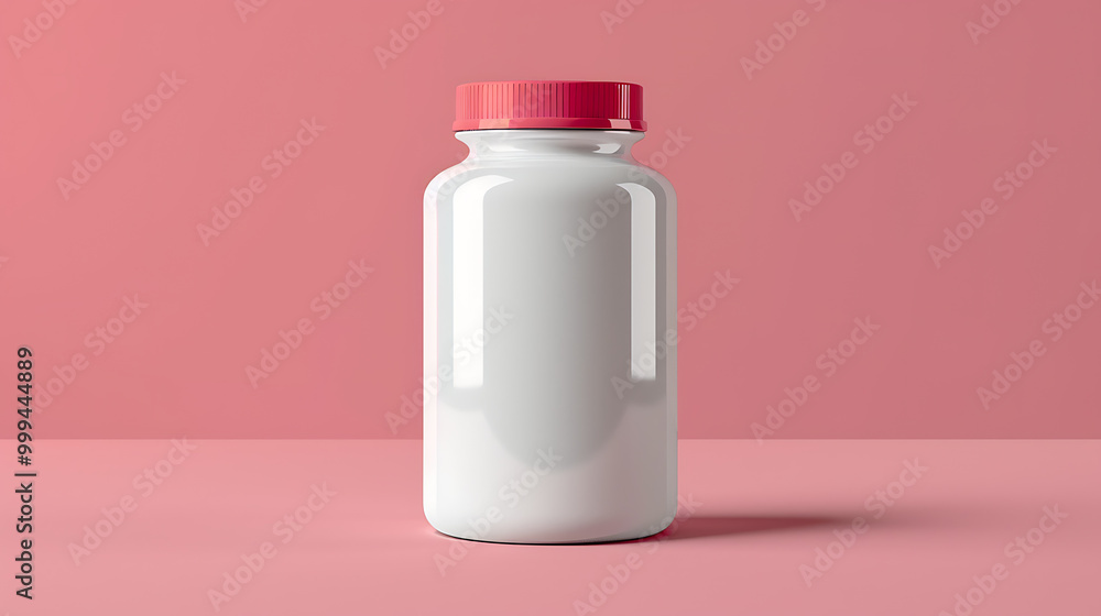 A white bottle with a pink lid stands on a pink background. The bottle is empty and ready for your product label. A white bottle with a pink lid stands on a pink background. The bottle is empty and ready for your product label.