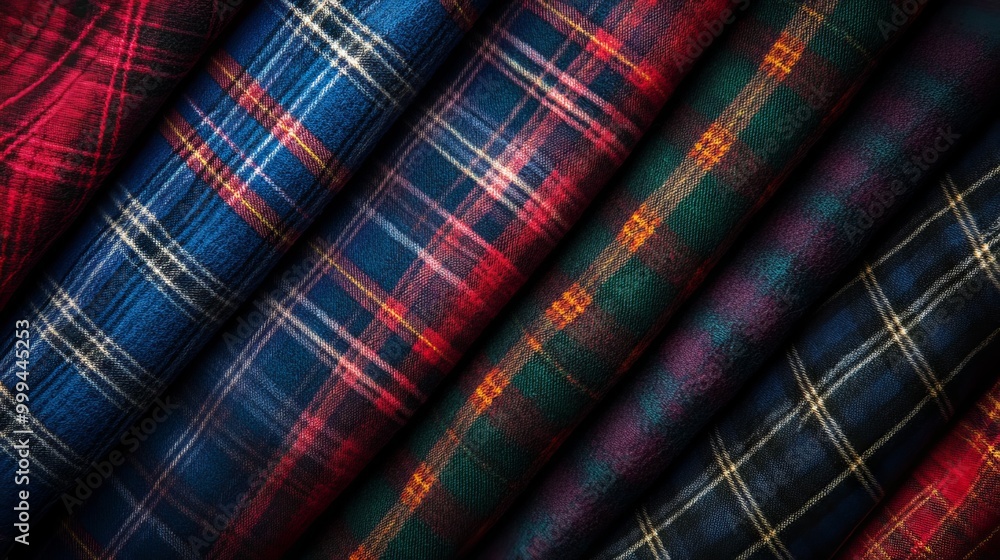 Colorful plaid fabrics arranged in neat folds in a textile shop Colorful plaid fabrics arranged in neat folds in a textile shop