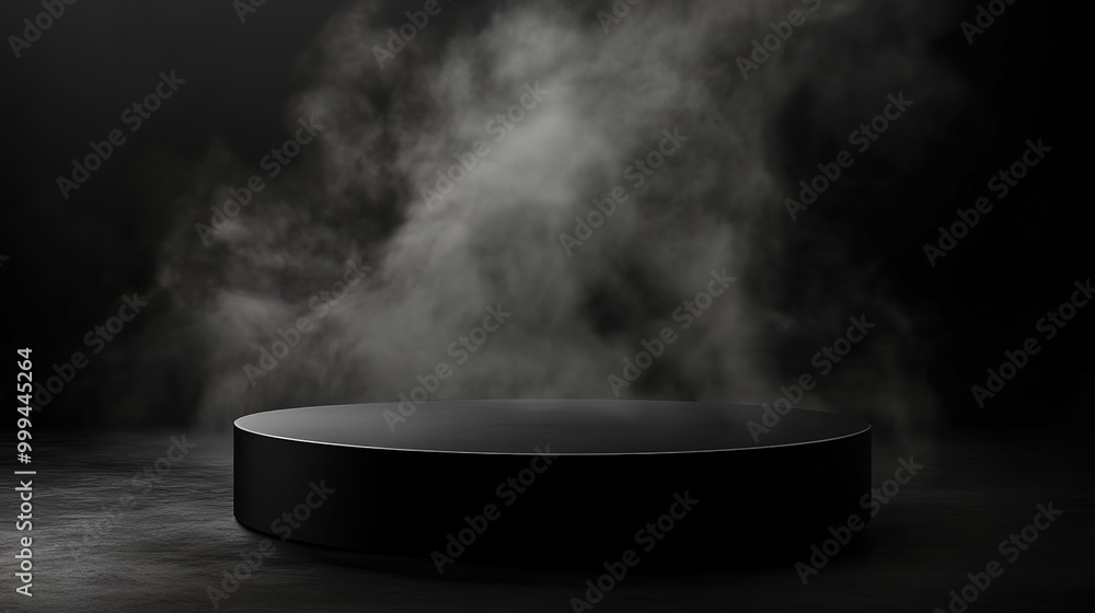 Round black podium with smoke on dark background, mock up for montage and products display Round black podium with smoke on dark background, mock up for montage and products display
