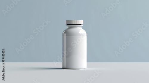 A white pill bottle with a blank label on a white surface with a light blue background.