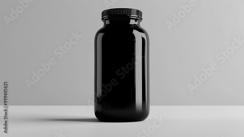 A black, opaque bottle with a black lid sits on a white surface, ready for labeling.