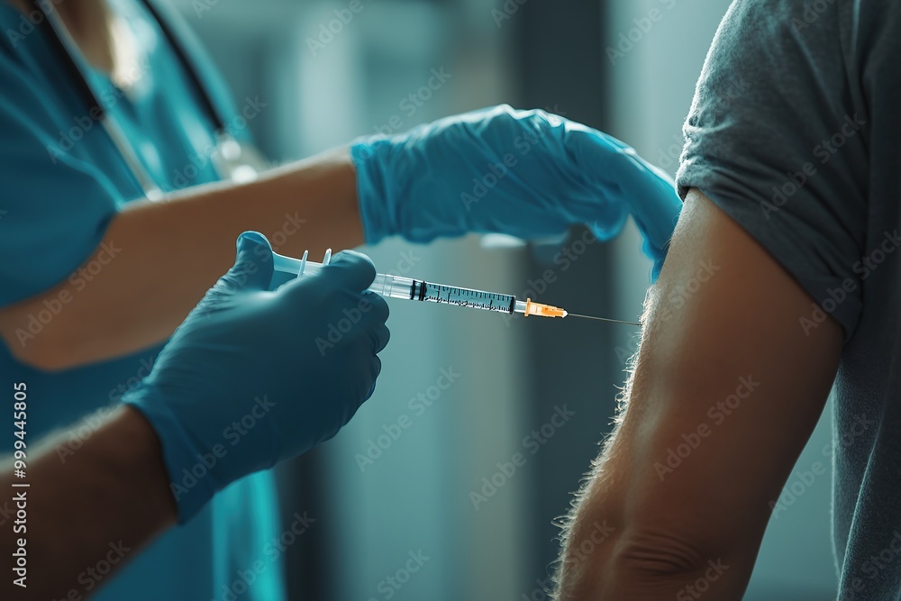 A nurse in blue gloves gives the syringe to another person for having an upper arm shot of use A nurse in blue gloves gives the syringe to another person for having an upper arm shot of use