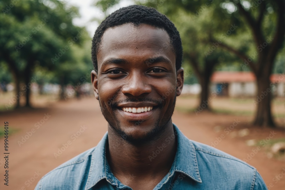 Close portrait of a smiling young Malawian man looking at the camera, Malawian outdoors blurred background Close portrait of a smiling young Malawian man looking at the camera, Malawian outdoors blurred background