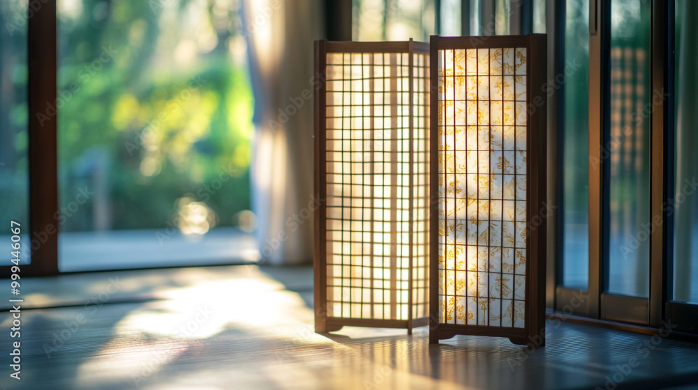 Traditional Japanese shoji screen casting soft shadows in a serene interior setting Traditional Japanese shoji screen casting soft shadows in a serene interior setting