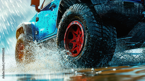 Car wheel splashing water road. Vehicle speed motion splash action driving offroad 4x4 adventure extreme wet rain transportation power. modern traffic.