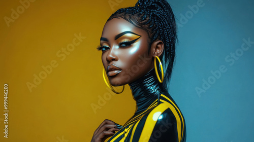 Fashion Portrait of a Beautiful Black Woman with Yellow Makeup a