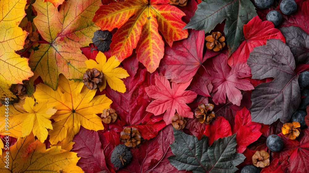 Autumn background with colorful leaves and cones. Top view. Flat lay. Fall seasonal foliage pattern. Nature texture. Orange red maple decoration. Thanksgiving arrangement. Copy space. Autumn background with colorful leaves and cones. Top view. Flat lay. Fall seasonal foliage pattern. Nature texture. Orange red maple decoration. Thanksgiving arrangement. Copy space.