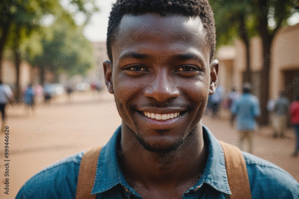 Close portrait of a smiling young Malian man looking at the camera, Malian outdoors blurred background Close portrait of a smiling young Malian man looking at the camera, Malian outdoors blurred background