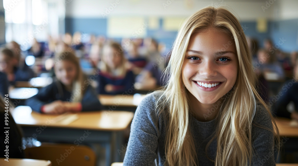 Portrait of smiling female student sitting in lecture hall with classmates in background. Happy teenage girl learning in university classroom, young woman studying with confidence on campus. Portrait of smiling female student sitting in lecture hall with classmates in background. Happy teenage girl learning in university classroom, young woman studying with confidence on campus.